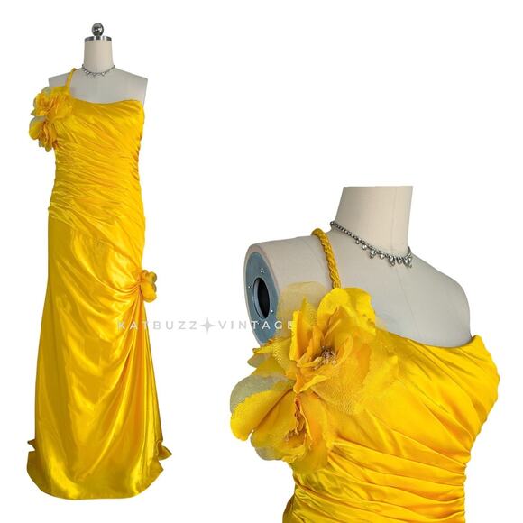 Vintage Prom Dress Maxi Gown 16 Yellow Glam Y2K Satin Slip Red Carpet Movie Star - Picture 1 of 16